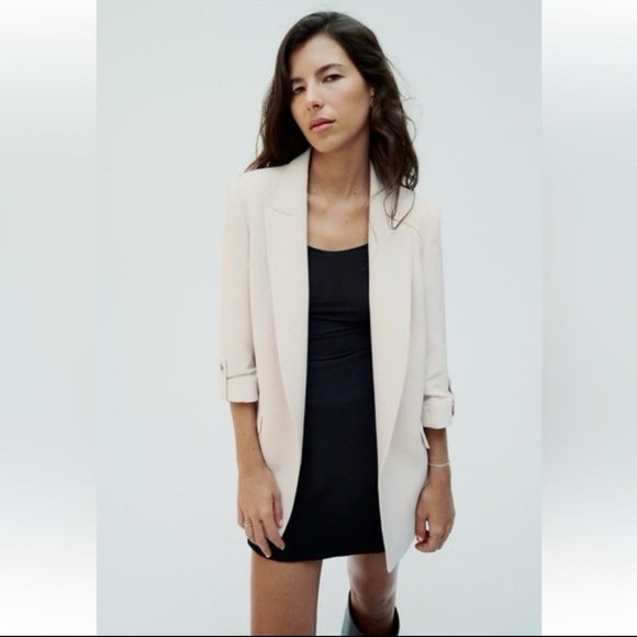 Zara Sand Open Front Blazer with Rolled-Up Sleeves M - Picture 4 of 9